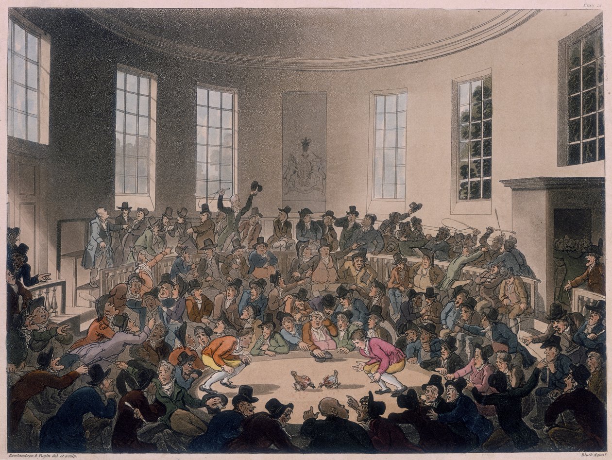 Férfiak kakasviadalt nézni, 18. század vége – 19. század eleje alkotó: Thomas Rowlandson, Augustus Charles Pugin
