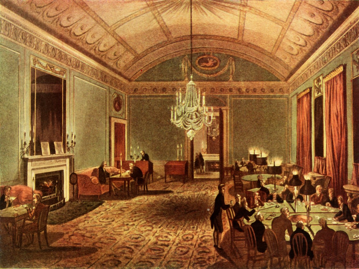 „The Great Subscription Room at Brooks, St. James Street, London”, 1808, 1947. Alkotók: Thomas Rowlandson, Augustus Charles Pugin. alkotó: Thomas Rowlandson, Augustus Charles Pugin