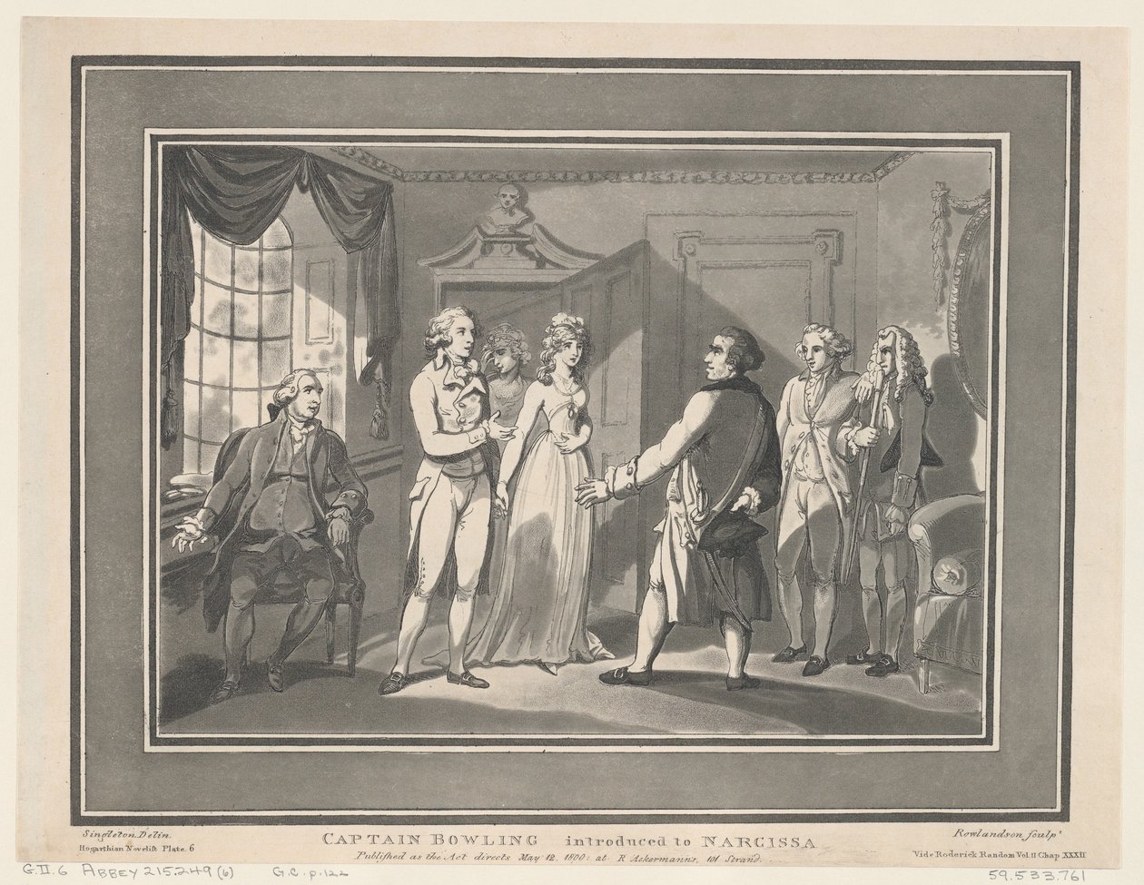 Bowling kapitány bemutatkozott Narcissának 1800. május 12-én, 1800. május 12-én. Alkotók: Thomas Rowlandson, Joseph Constantine Stadler. alkotó: ThomasThomas Rowlandson, Joseph Constantine Stadler Thomas Rowlandson, Joseph Constantine Stadler