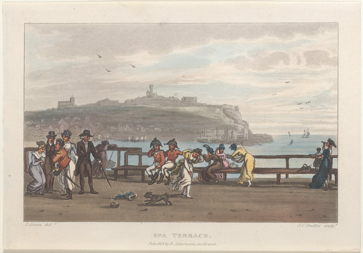 Gyógyfürdőterasz, Scarborough költői vázlataiból, 1813., 1813. Alkotók: Thomas Rowlandson, Joseph Constantine Stadler, J. Bluck. alkotó: Thomas Rowlandson, Joseph Constantine Stadler, J. Bluck