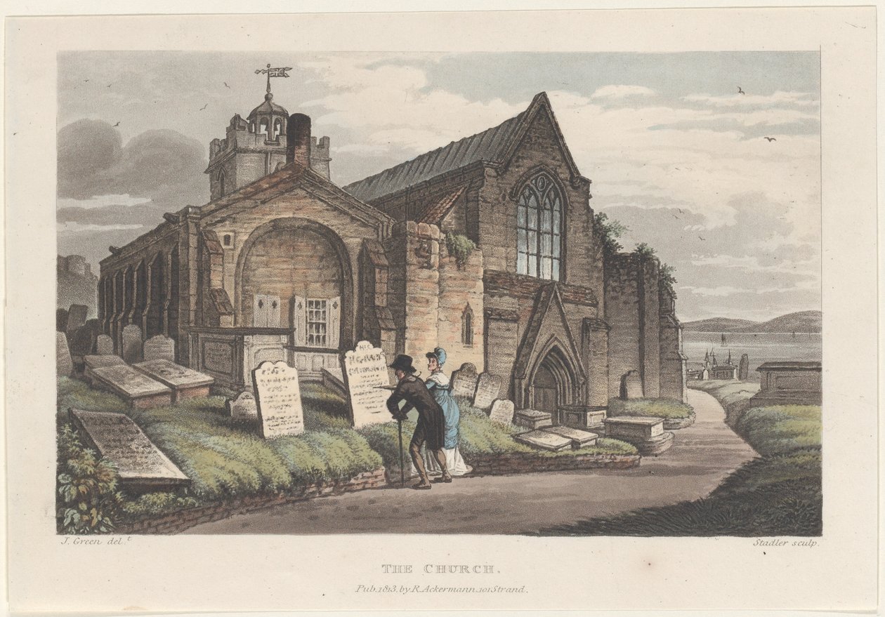 The Church, from Poetical Sketches of Scarborough, 1813., 1813. Alkotók: Thomas Rowlandson, Joseph Constantine Stadler, J. Bluck. alkotó: Thomas Rowlandson, Joseph Constantine Stadler, J. Bluck