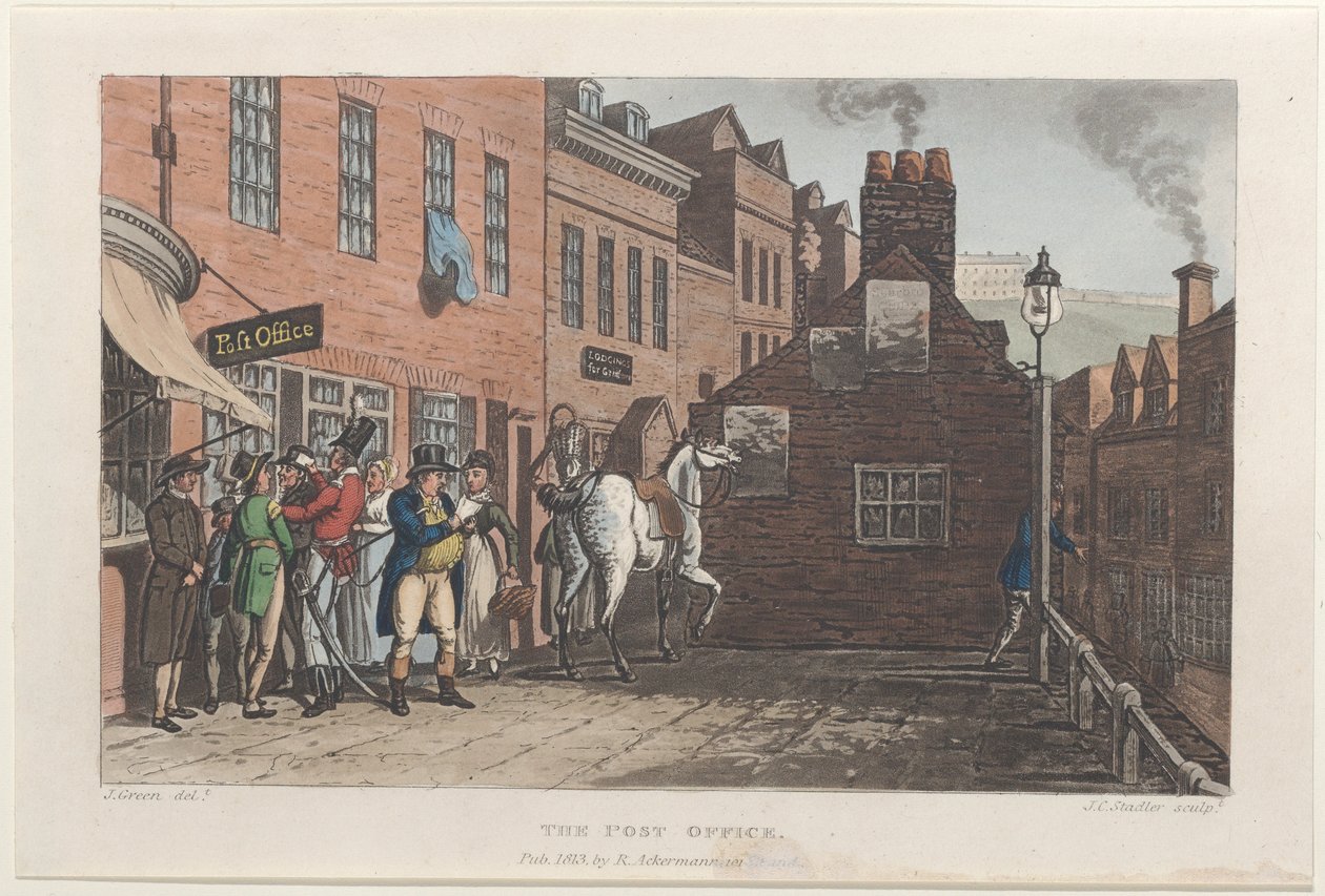 A postahivatal, Scarborough költői vázlataiból, 1813., 1813. Alkotók: Thomas Rowlandson, Joseph Constantine Stadler, J. Bluck. alkotó: Thomas Rowlandson, Joseph Constantine Stadler, J. Bluck