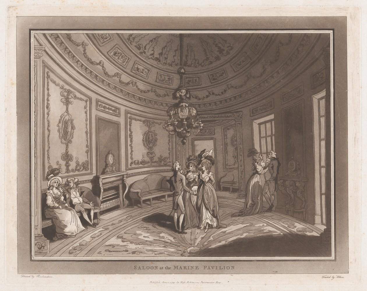 Szalon a tengeri pavilonban Kirándulás Brighthelmstone-ba, 1790. június 1., 1790. június 1. Alkotók: Thomas Rowlandson, Samuel Alken. alkotó: Thomas Rowlandson, Samuel Alken