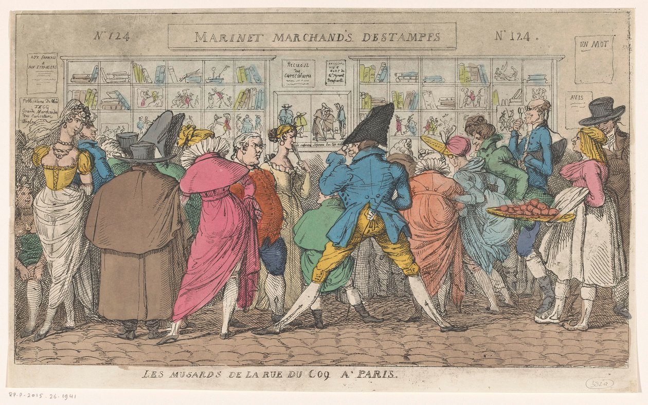 Tömeg az Aaron Martinet kiadó ablaka előtt a párizsi Rue du Coq-ban Les musards de la rue du Coq a Paris (cím a tárgyon) alkotó: Thomas Rowlandson (attributed to)