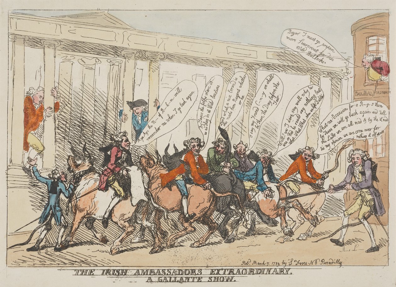 (A) „Ír rendkívüli és gáláns nagykövetek” című előadás alkotó: Thomas Rowlandson