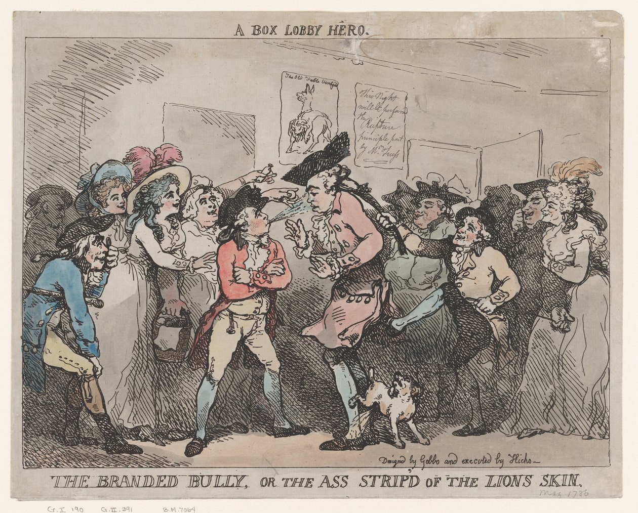 „A bokszterem hőse”, „A megjelölt zsarnok” vagy „A oroszlánbőrtől megfosztott szamár”. alkotó: Thomas Rowlandson