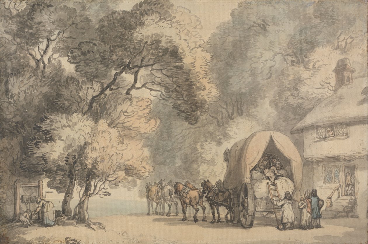 Hordozókocsi a fogadón kívül, 1785-90 körül (toll és tinta, valamint akvarell fektetett papíron) alkotó: Thomas Rowlandson