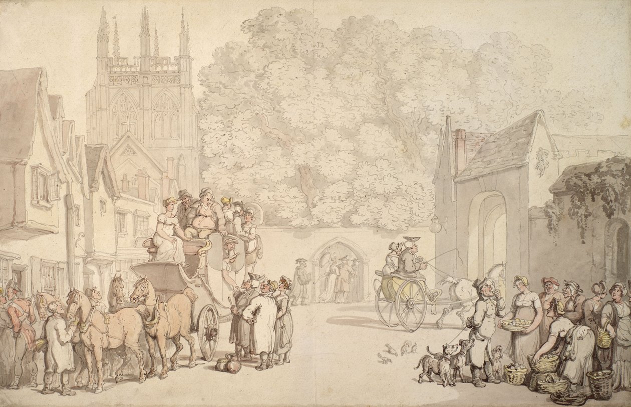 Egy edző elhagyni készül a Canterbury Gate-et, Christ Church, Oxford, 1810-15 alkotó: Thomas Rowlandson