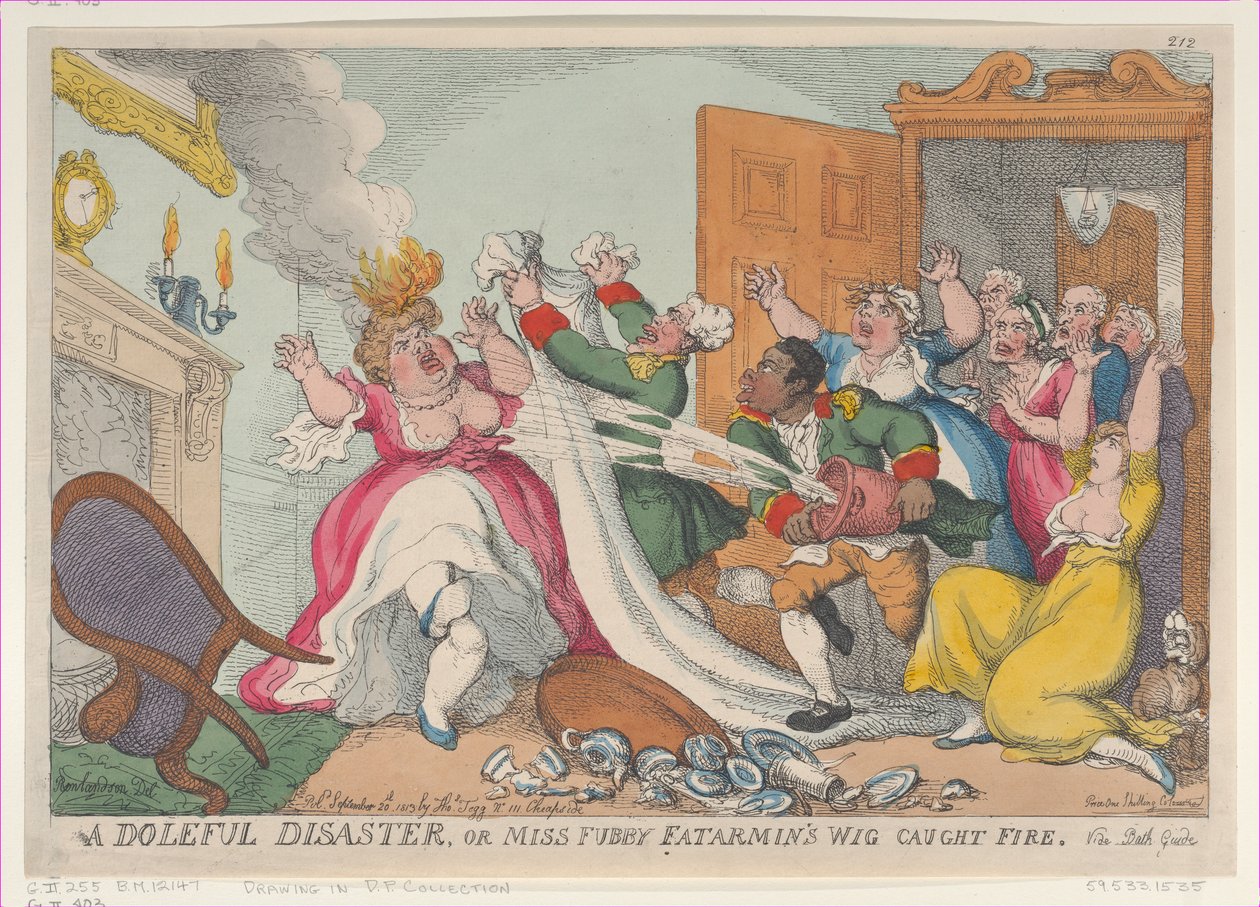 Egy súlyos katasztrófa, avagy Miss Fubby Fatarmin parókája kigyulladt, 1813. szeptember 20., ..., 1813. szeptember 20. alkotó: Thomas Rowlandson