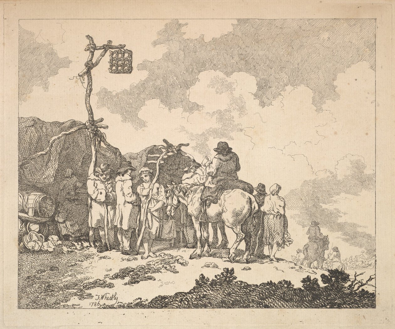 Vásár - Cigányok csoportja - Férfiak és nők rusztikus ruhában két rögtönzött Te... előtt, 1786. alkotó: Thomas Rowlandson