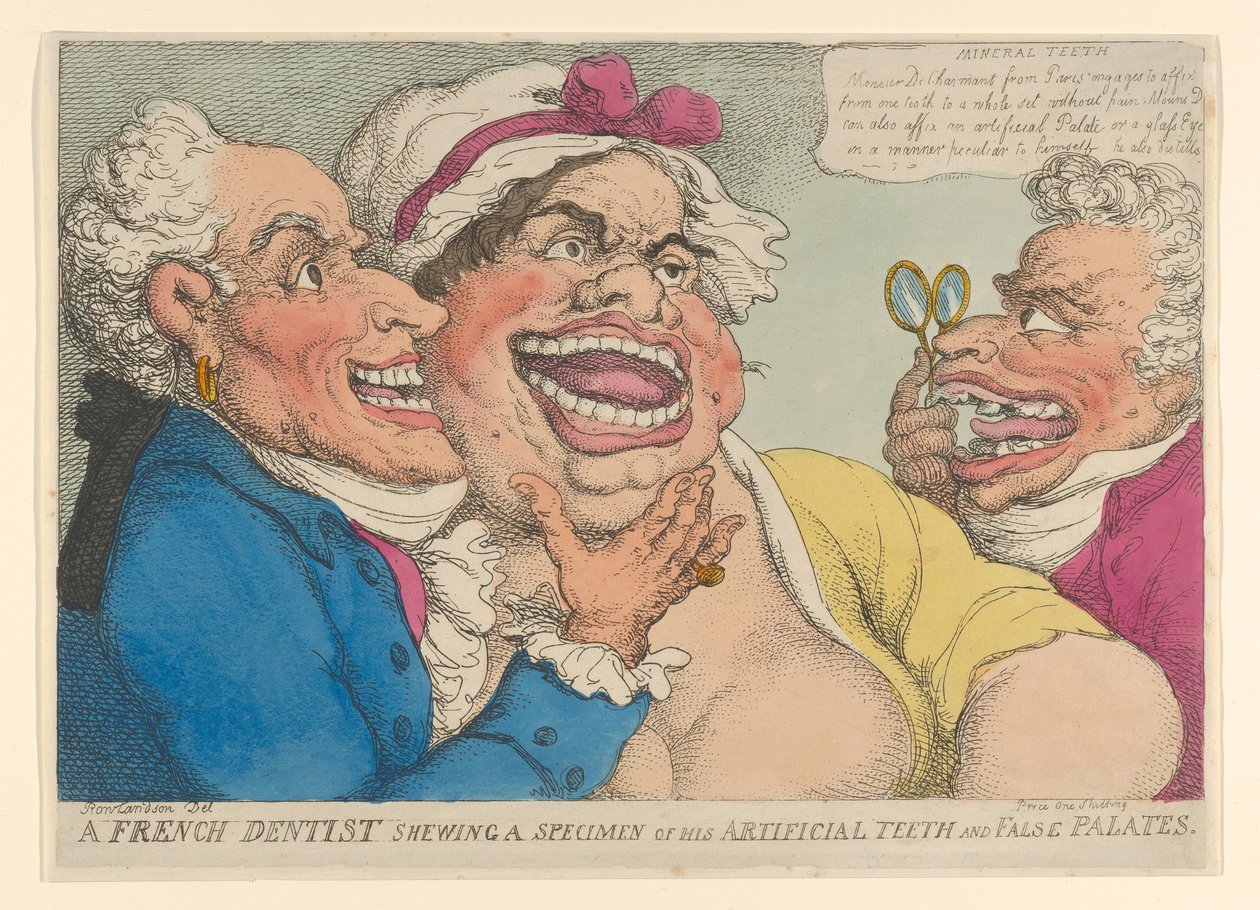 Egy francia fogorvos, aki mintát mutat műfogaiból és hamis szájpadlásából, 1811, 1811. alkotó: Thomas Rowlandson