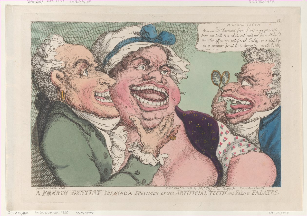 Egy francia fogorvos, aki mintát mutat műfogaiból és hamis szájpadlásából..., 1811. február 26. alkotó: Thomas Rowlandson