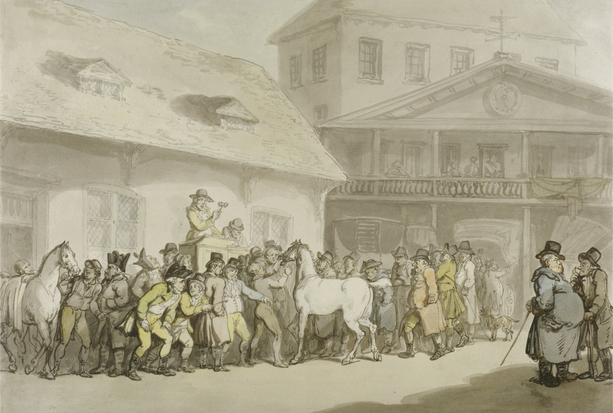 Lóvásár a Hopkins Repository-ban, Barbican, 1798-1800 körül (toll, tinta és akvarell papíron) alkotó: Thomas Rowlandson