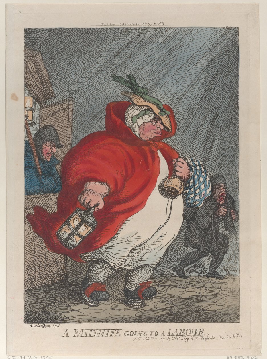Egy szülésznő szülésre megy, 1811. február 12., 1811. február 12. alkotó: Thomas Rowlandson