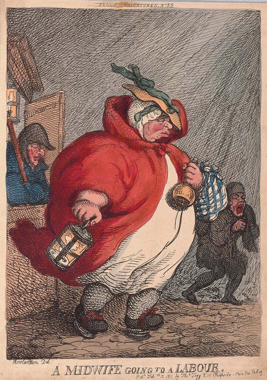 Egy szülésznő munkába jár, kocsmába. 1811 (kézzel színezett metszet) alkotó: Thomas Rowlandson