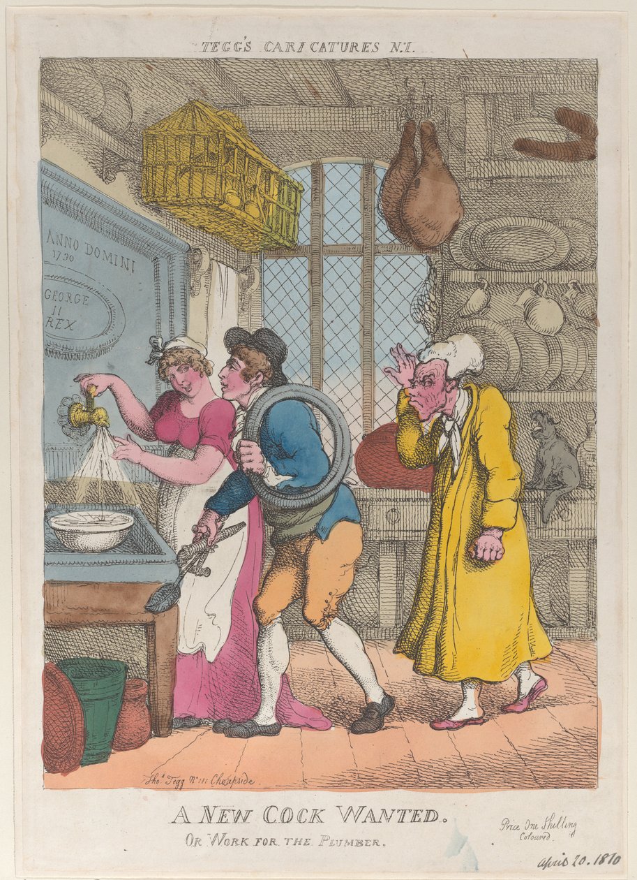 Új kakast keresünk, vagy dolgozzon vízvezeték-szerelőnek, 1810. április 20., 1810. április 20. alkotó: Thomas Rowlandson