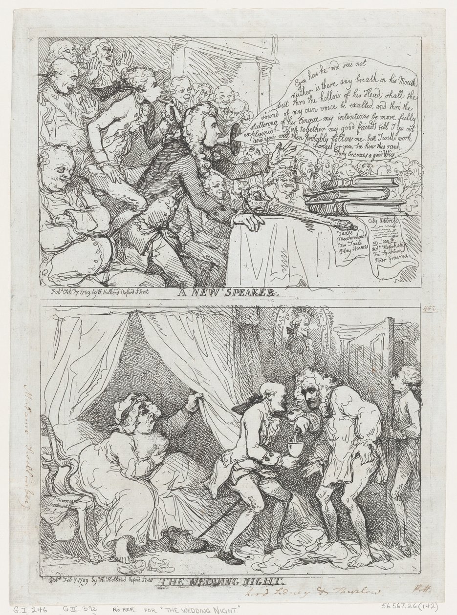 Egy új beszélő és a nászéjszaka, 1789. február 7., 1789. február 7. alkotó: Thomas Rowlandson
