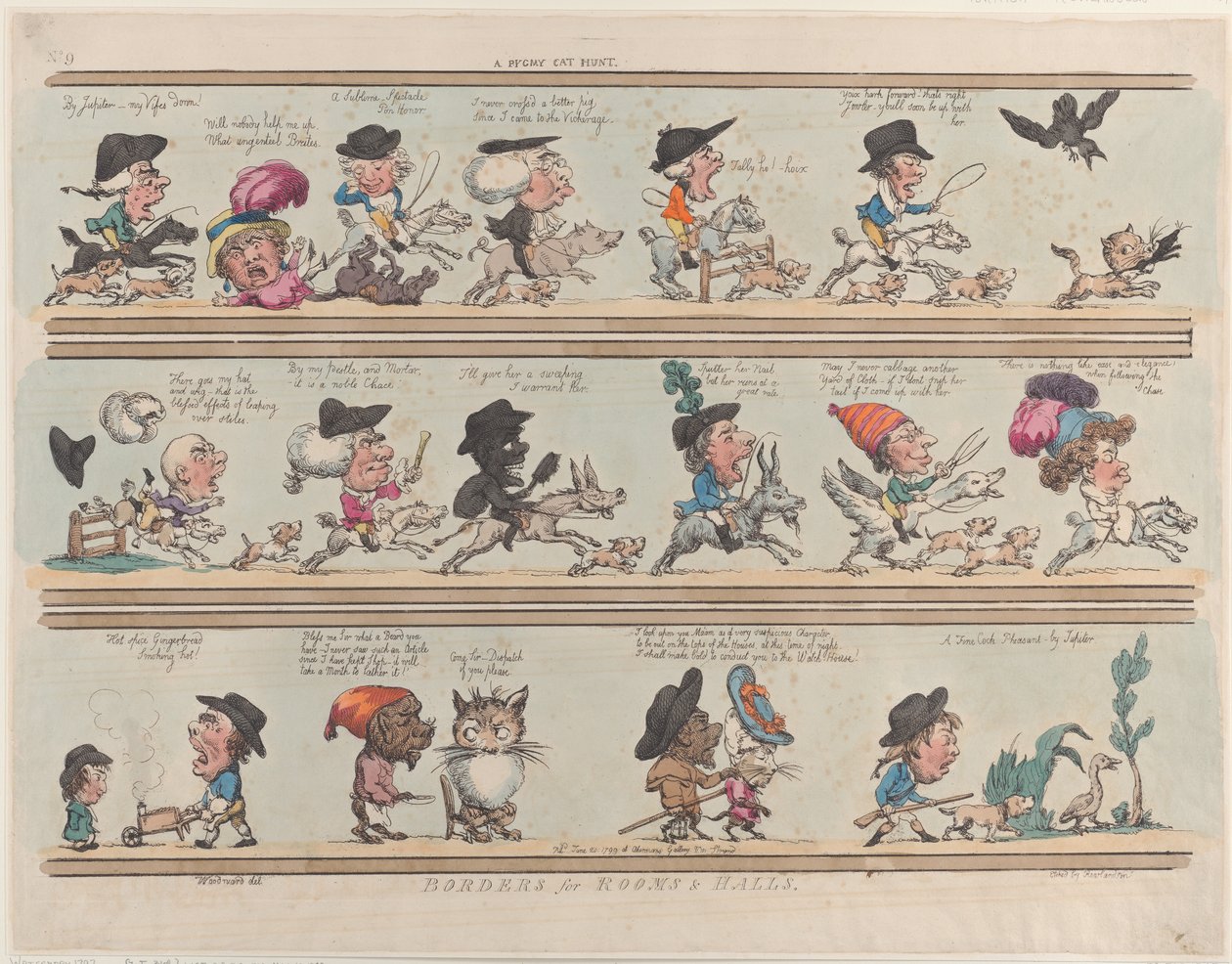 Pigmeusmacska-vadászat, Szobák és termek határai, 9. tábla, 1799. június 20., 1799. június 20. alkotó: Thomas Rowlandson