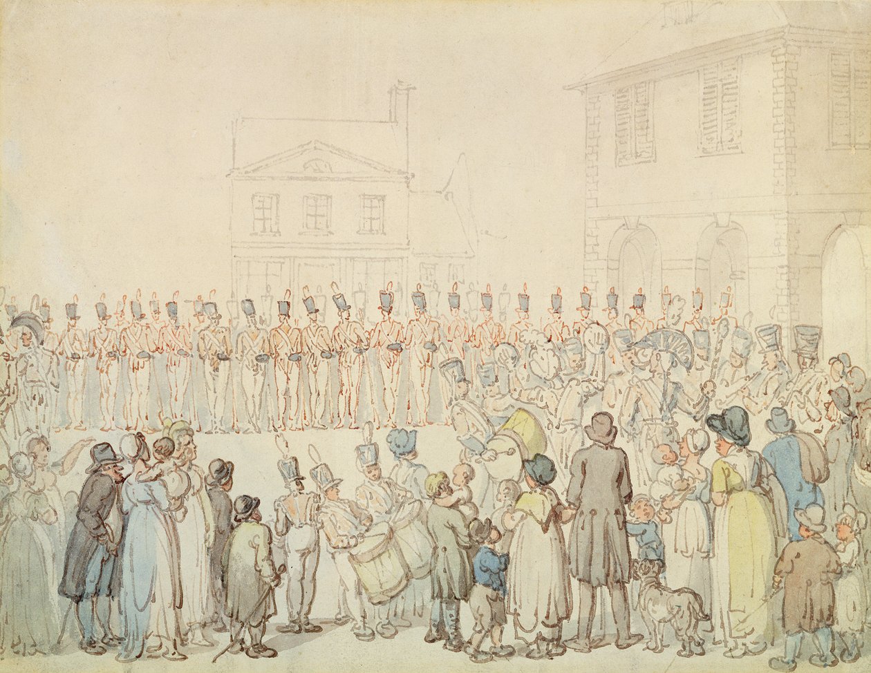 A Northamptonshire-i milícia áttekintése Brackleyben, Northants (toll és tinta akvarellel papíron) alkotó: Thomas Rowlandson