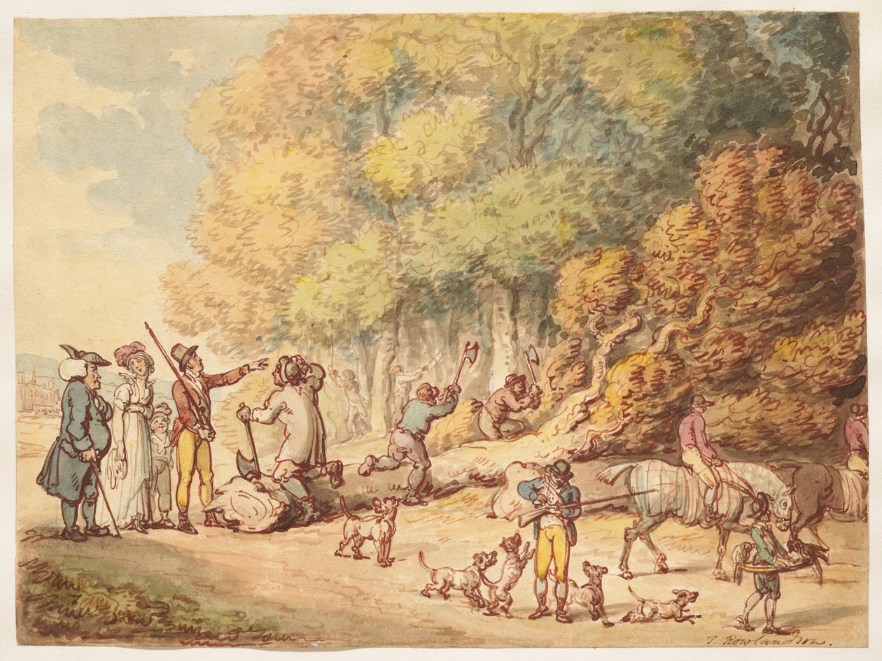 Egy vadász családjával, amint utasítja a favágókat egy kidőlt fa feldarabolására alkotó: Thomas Rowlandson