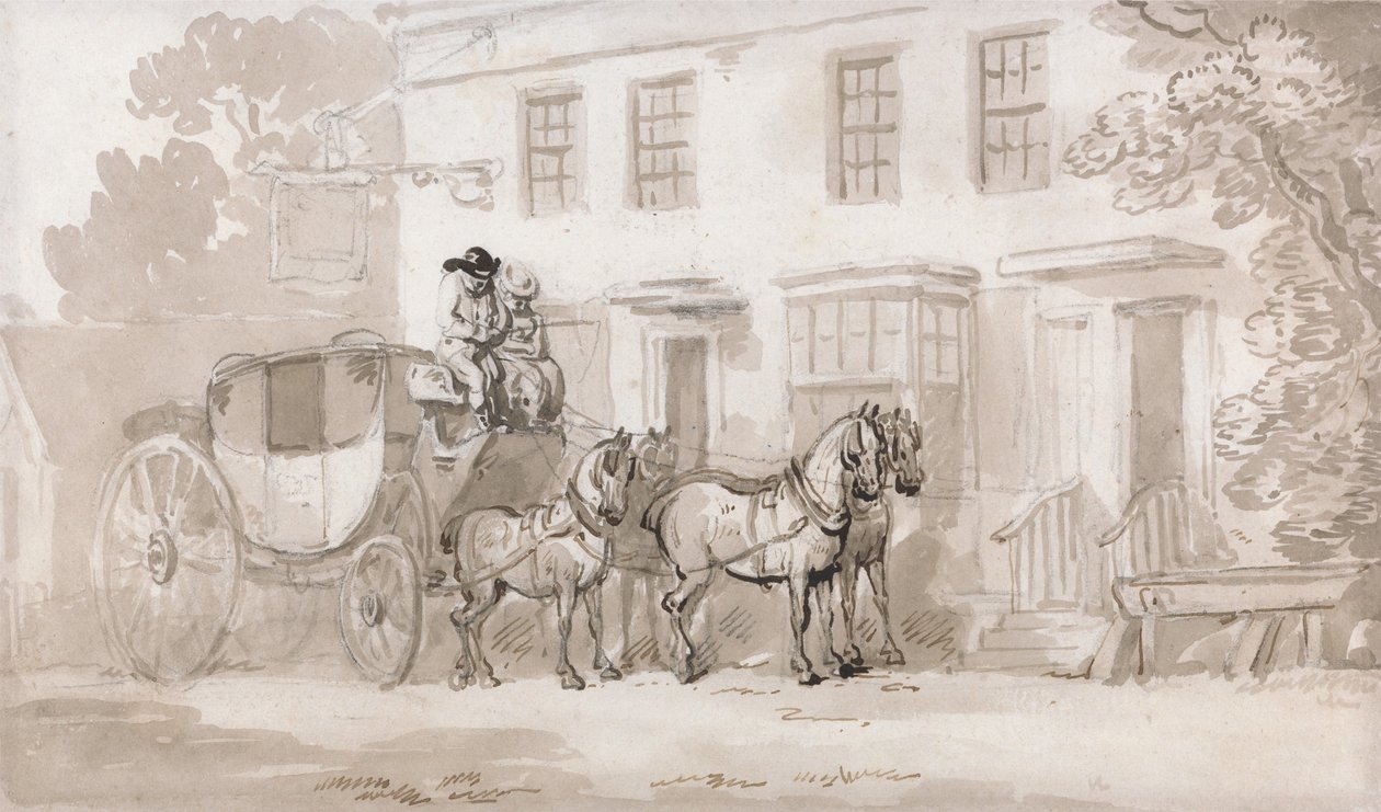 Egy postakocsi egy fogadó bejárata előtt alkotó: Thomas Rowlandson