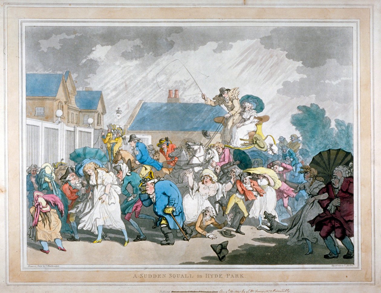 "A Sudden Squall in Hyde Park", London, 1791 alkotó: Thomas Rowlandson