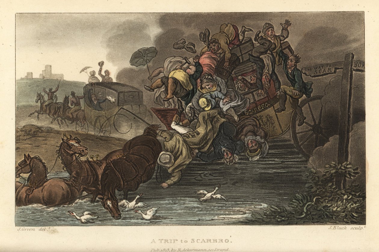 Utazás Scarbróba: A csomagokkal és utasokkal megrakott autóbusz egy tóba hajt. Kézi színű rézmetszet Thomas Rowlandson, akvatinta J. Bluck, J. Green vázlata a Poetical Sketches of Scarborough, Ackermann, Londonból alkotó: Thomas Rowlandson