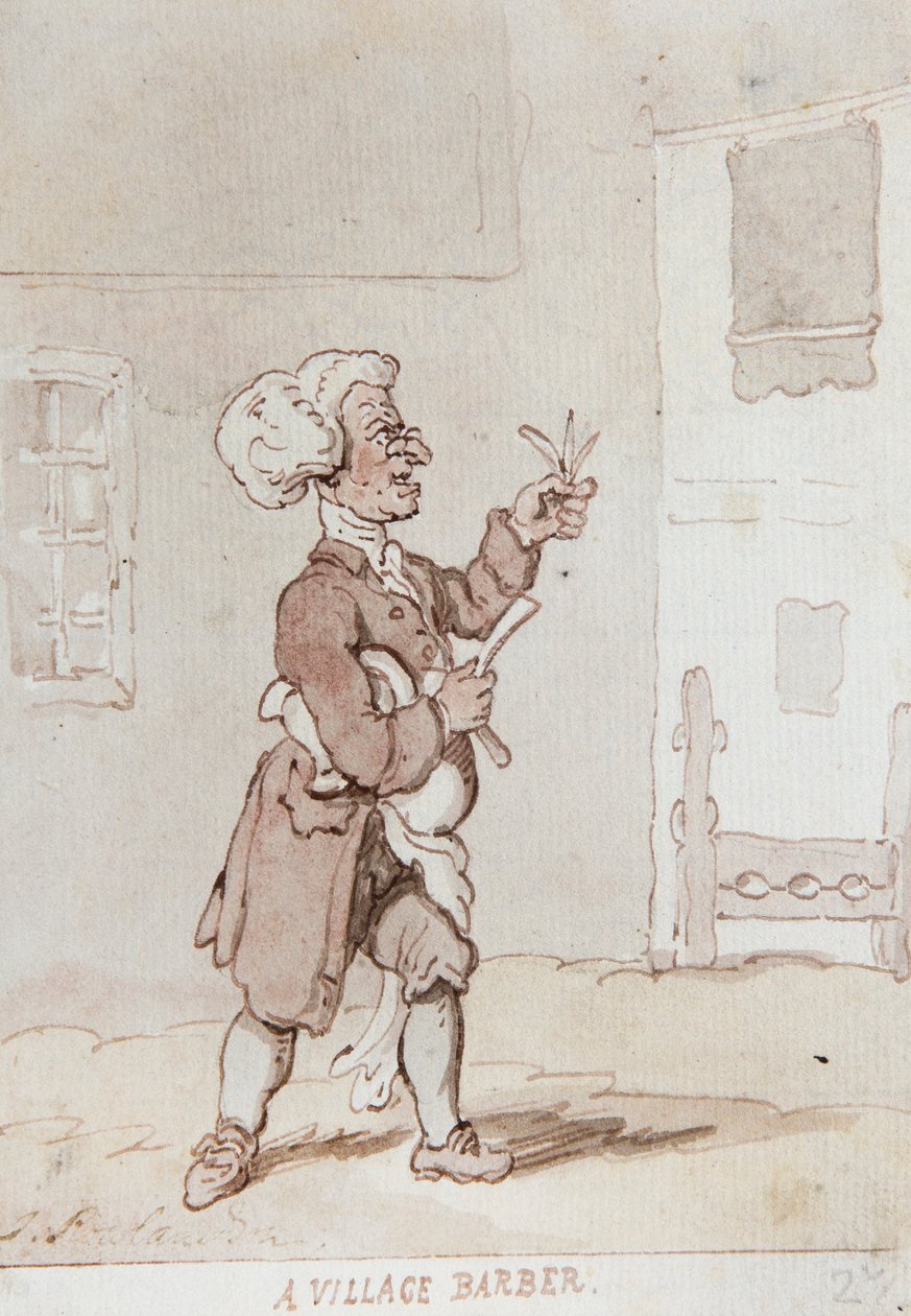 Egy falusi borbély (tus és akvarell) alkotó: Thomas Rowlandson