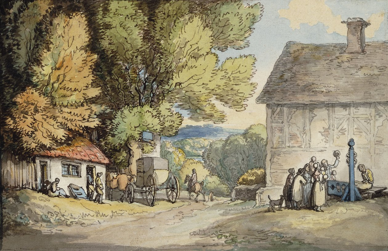 Egy falu zöldje: egy fa alatt megállt hintó, egy férfival és egy csoport bámészkodóval, alkotó: Thomas Rowlandson
