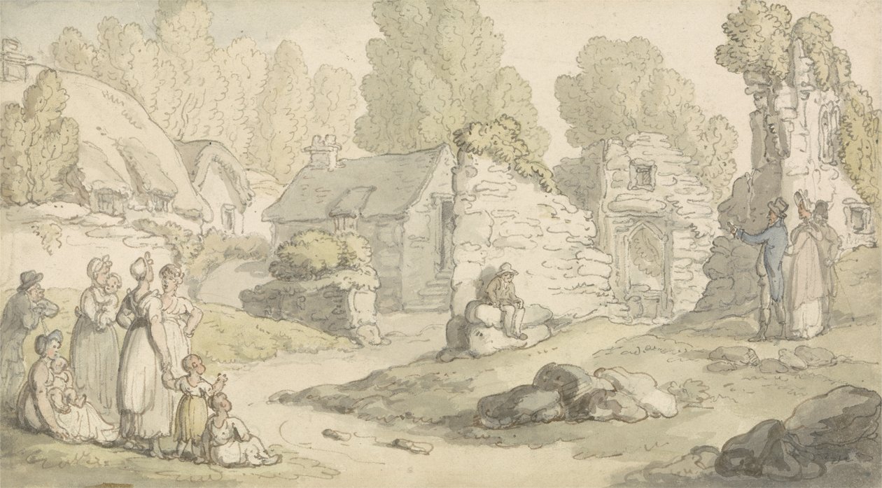 Falusi jelenet figurákkal és romos épületekkel (akvarell, toll, tus és ceruza papíron) alkotó: Thomas Rowlandson