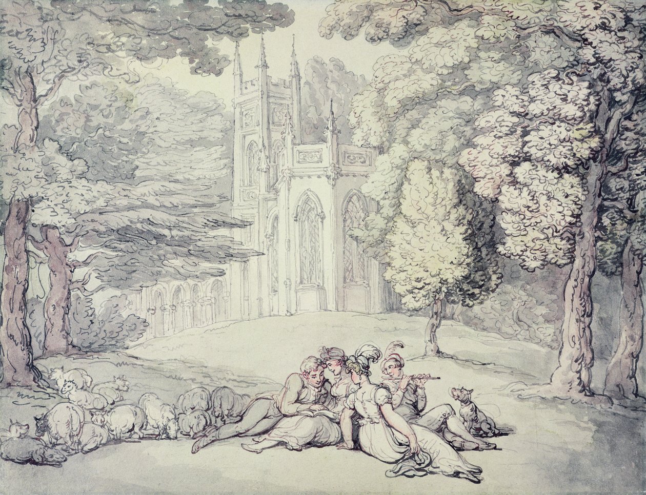 Főiskolai zöld egy csapat leányzókkal és fiatal urakkal az előtérben, 1810-1815 körül (toll és tinta, valamint akvarell ceruza fölött, papíron) alkotó: Thomas Rowlandson