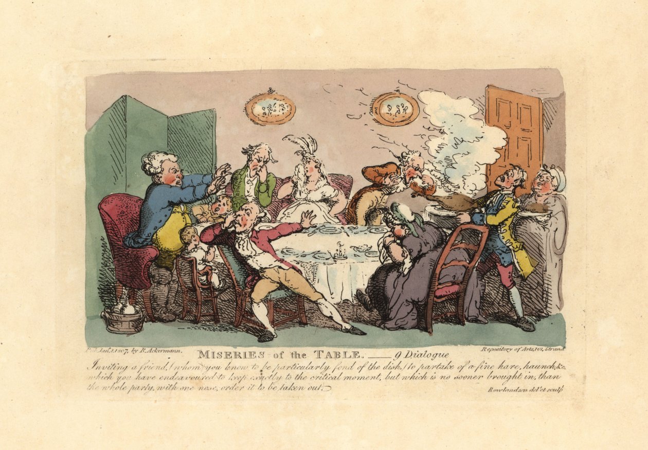 Vacsoraparti, amit tönkretett egy büdös vadétel érkezése. alkotó: Thomas Rowlandson