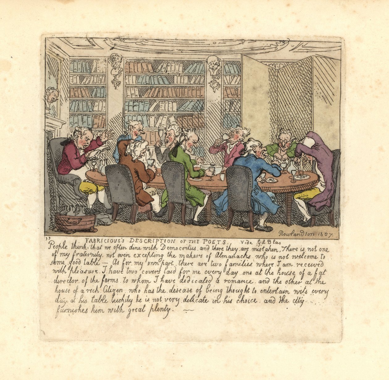 Írók egy csoportja egy gazdag polgár házában vacsorázik. alkotó: Thomas Rowlandson