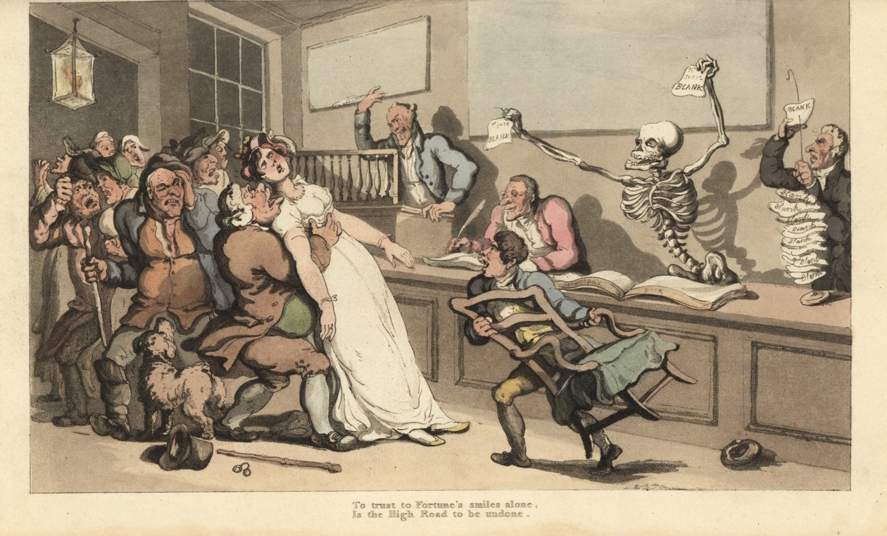 Egy nő döbbenten lejár egy üres papírdarab láttán, amelyet a Halál csontváza lengetett egy lottóirodában. Thomas Rowlandson által rajzolt és vésett, kézzel színezett rézlemez az angol haláltáncból, Ackermann, London alkotó: Thomas Rowlandson