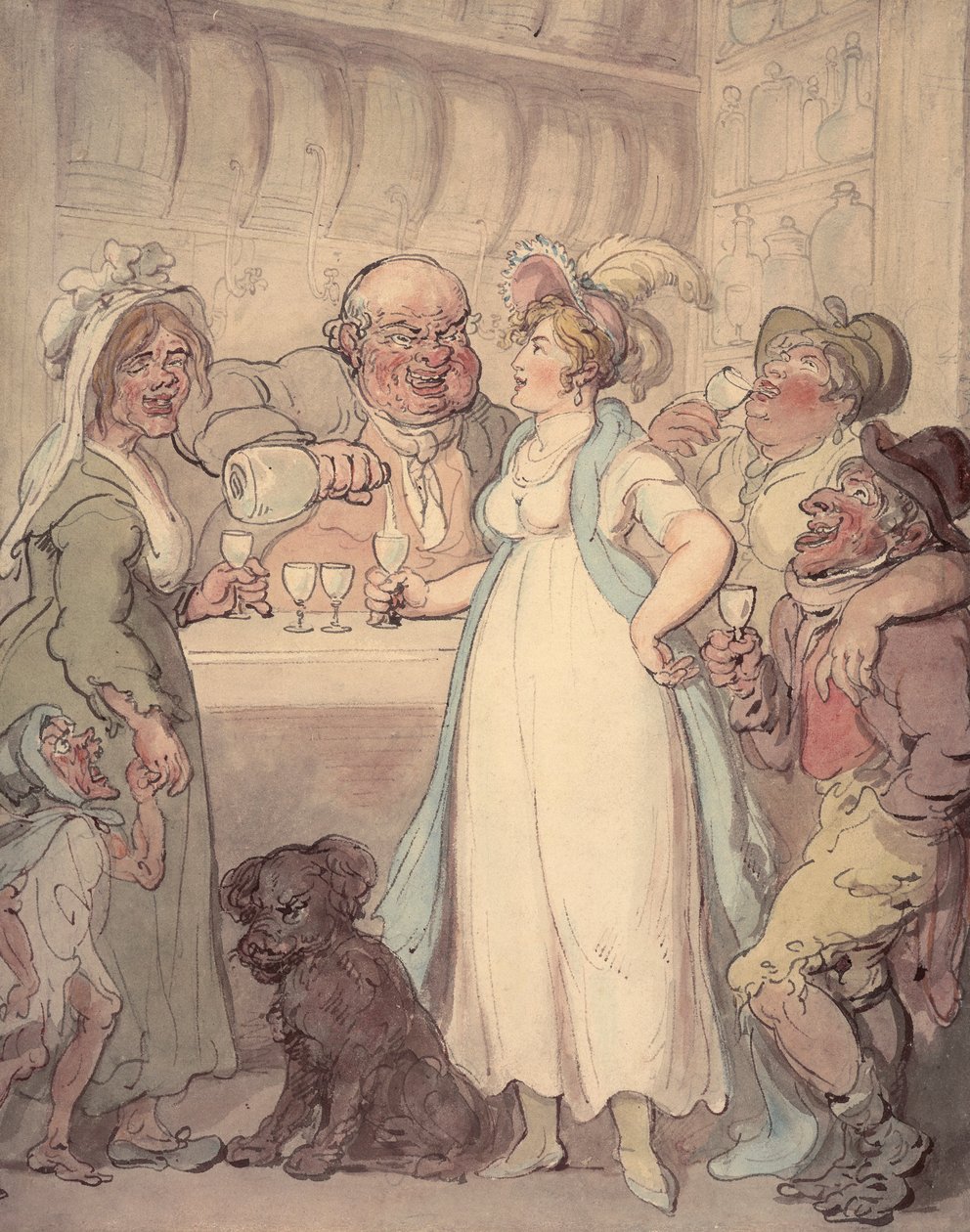 Egy fiatal, vonzó nőt megismertetnek a ginivás „örömeivel”, c1810 alkotó: Thomas Rowlandson