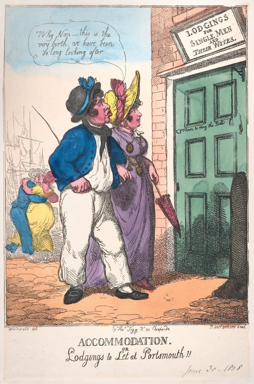 Szállás vagy bérbeadó szállás Portsmouthban!!, 1808. június 30., 1808. június 30. alkotó: Thomas Rowlandson