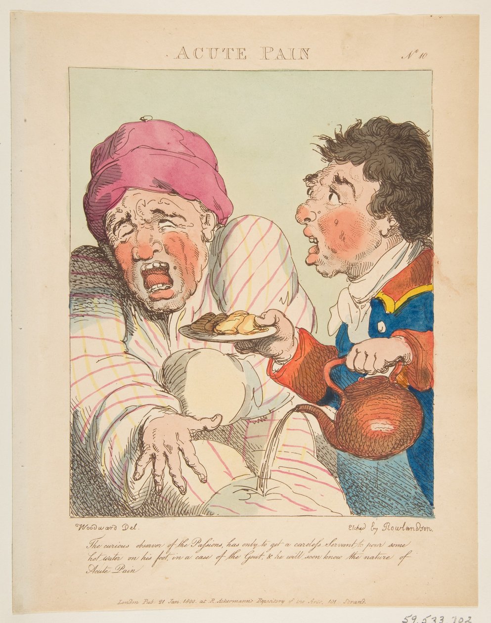 Acute Pain Le Brun Travested, avagy a szenvedélyek karikatúrái, 1800. január 21. alkotó: Thomas Rowlandson