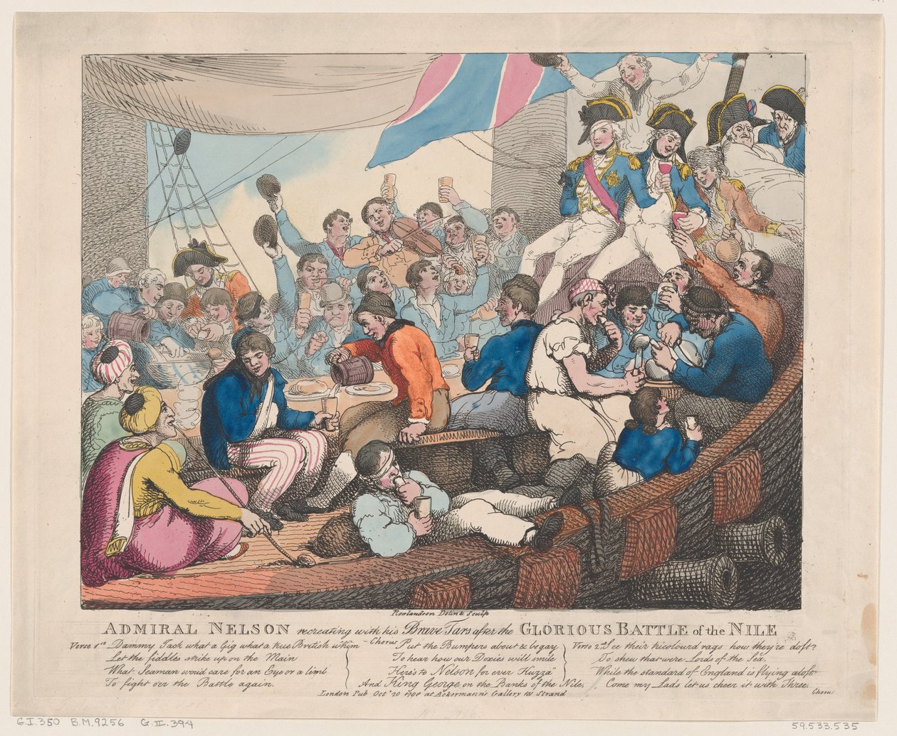 Nelson admirális újjáteremtő bátor kátrányaival a... dicsőséges csata után, 1798. október 20. alkotó: Thomas Rowlandson