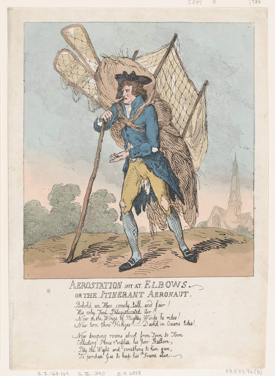 Aerostation out at Elbows, avagy The Ininerant Aeronaut, 1785. szeptember 5., 1785. szeptember 5. alkotó: Thomas Rowlandson