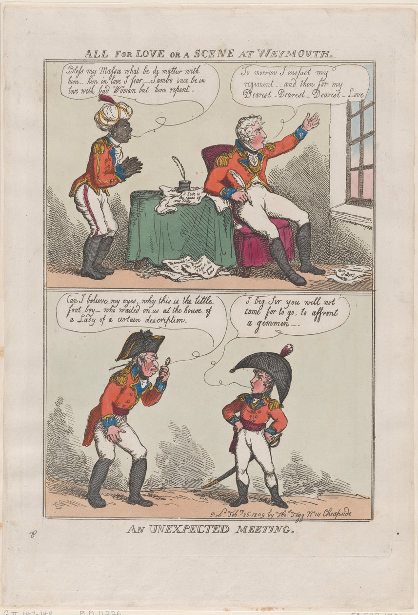 All for Love or A Scene at Weymouth, Egy váratlan találkozás, 1809. február 26., 1809. február 26. alkotó: Thomas Rowlandson