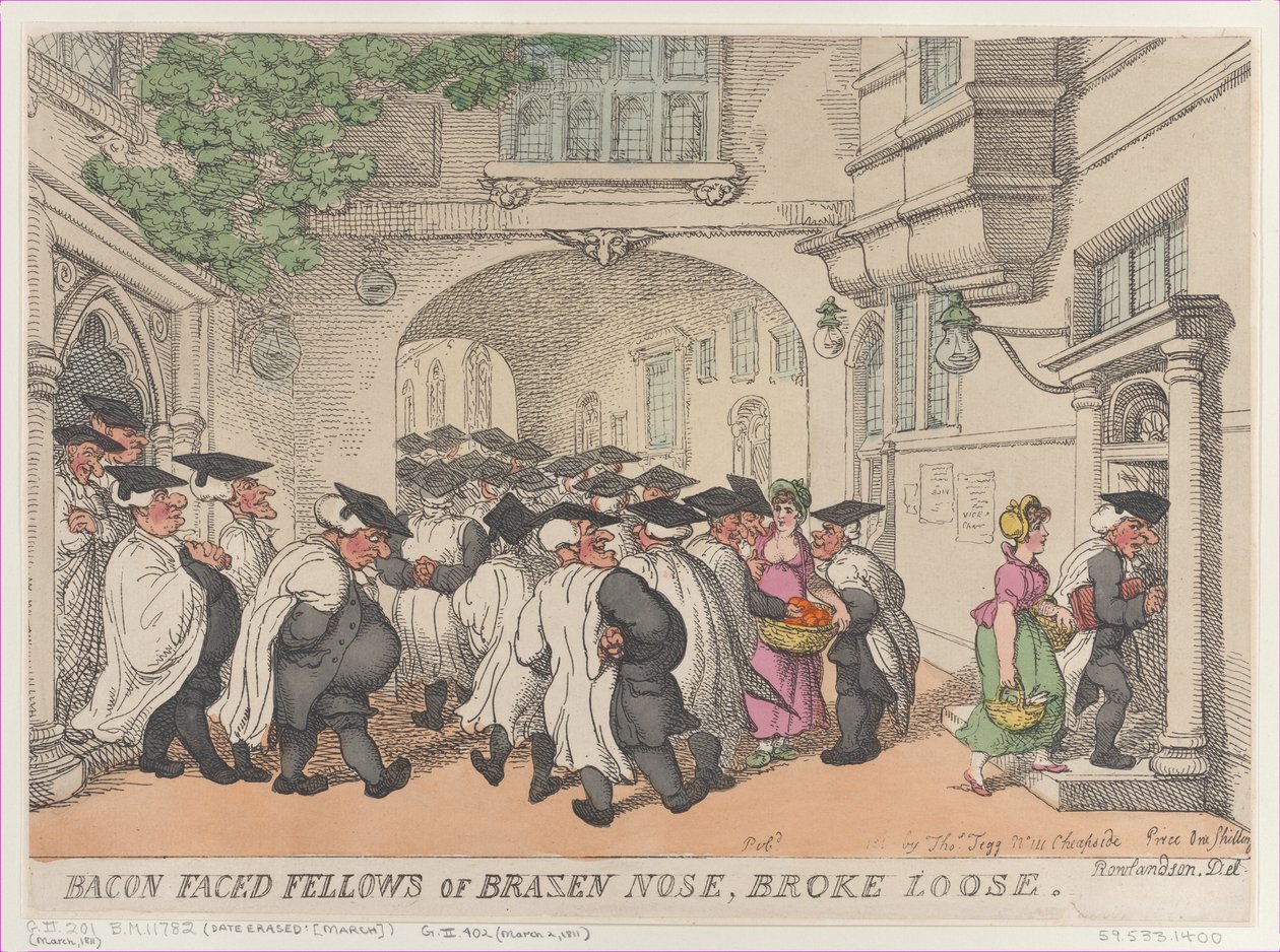Bacon Faced Fellows of Brazen Nose, Broke Loose, 1811., 1811. alkotó: Thomas Rowlandson