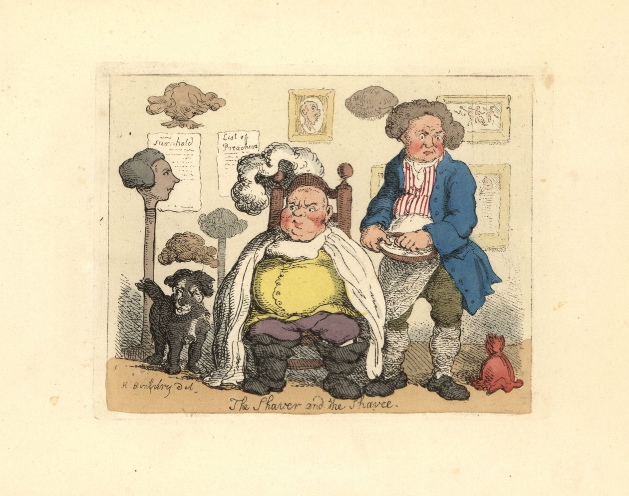Borbély és vásárló egy parókákkal díszített fodrászatban. alkotó: Thomas Rowlandson