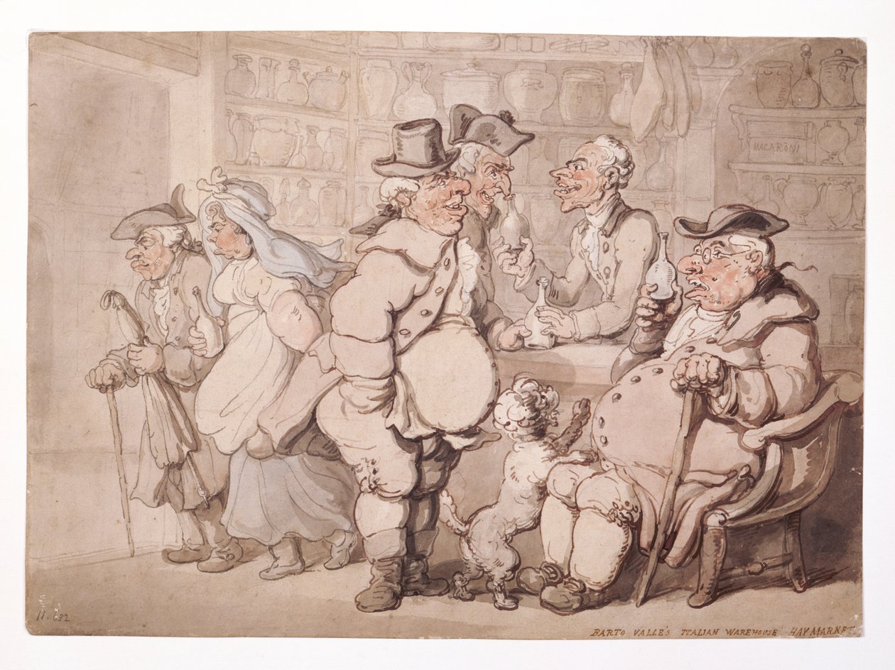 „Barto Valle olasz raktárháza-Haymarket”, Westminster városa, London, 1827 előtt. alkotó: Thomas Rowlandson