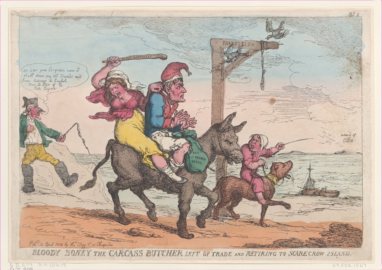 Bloody Boney, a tetemmészáros kilépett a kereskedelemből, és visszavonult Madárijesztő-szigetre,..., 1814. április 12. alkotó: Thomas Rowlandson
