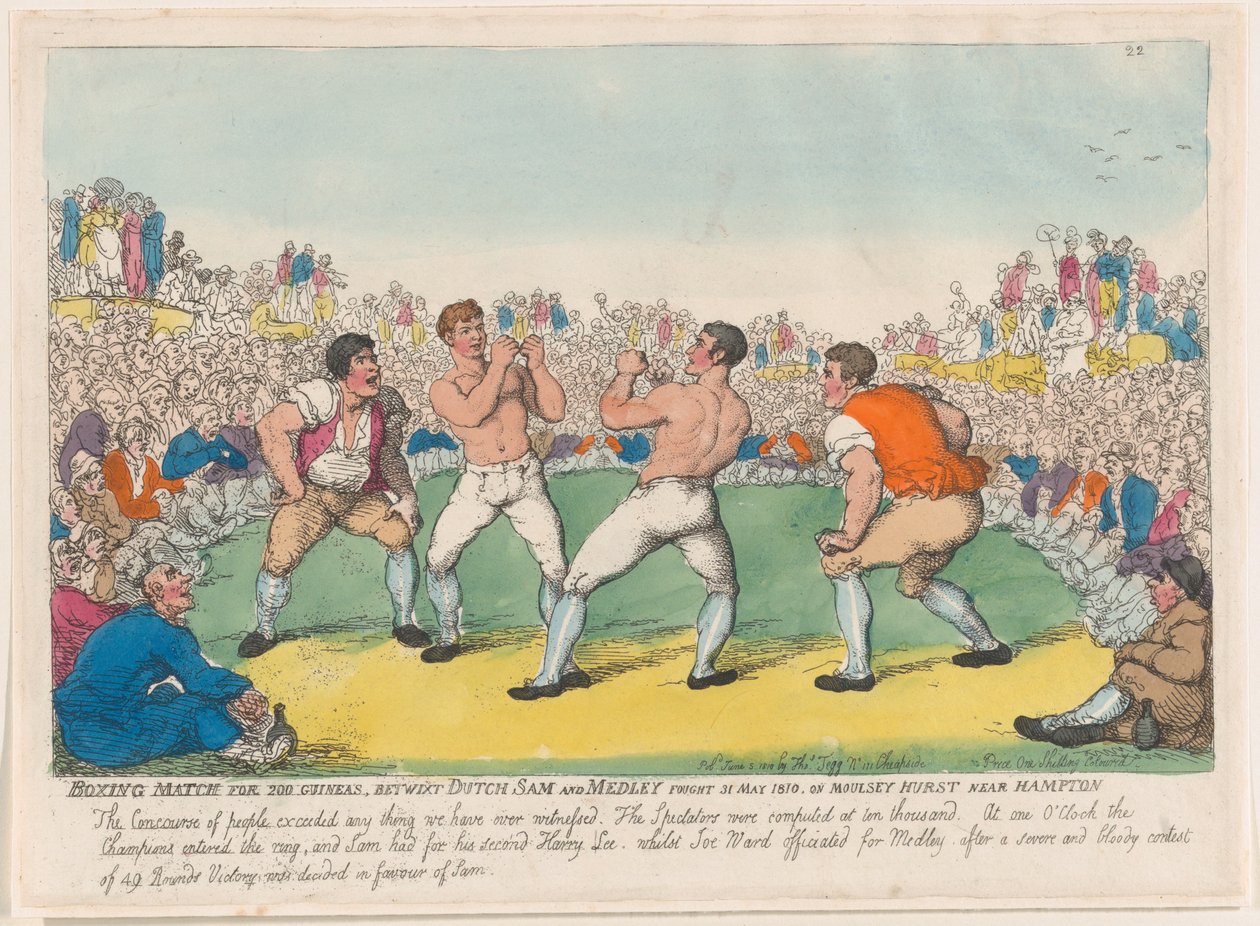 200 guineai bokszmeccs, Betwixt Dutch Sam és Medley vívott 1810. május 31-én, 1810. június 5-én .... alkotó: Thomas Rowlandson