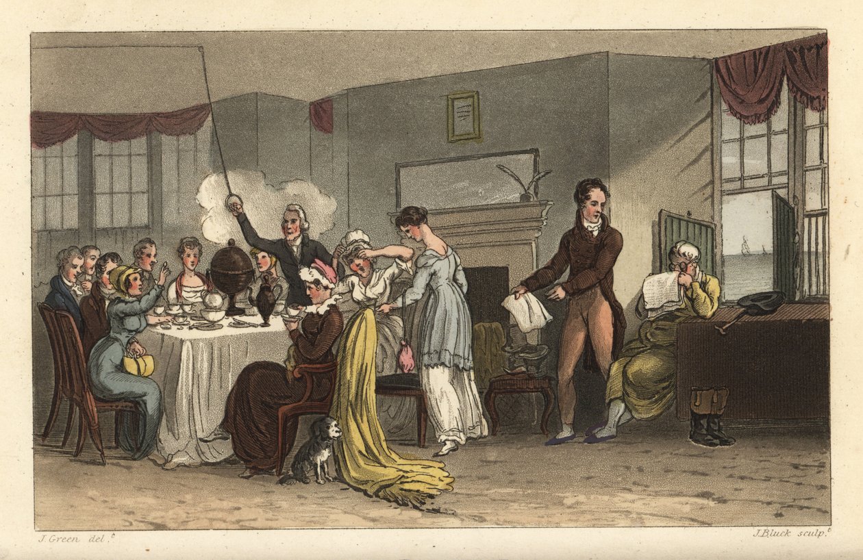 Az Old Bell Inn reggelizőterme, Scarborough. Vendégek kávéznak, újságot olvasnak, reggeliznek egy Regency szobában. Kézzel színezett rézmetszet Thomas Rowlandson, akvatinta J. Bluck, J. Green vázlata a Poetical Sketche-ből alkotó: Thomas Rowlandson
