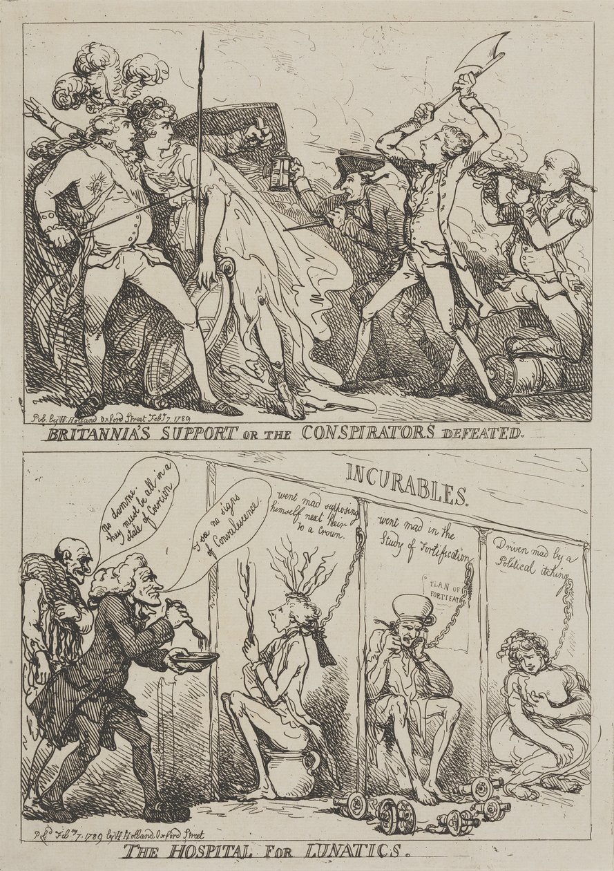 Britannia támogatása vagy az összeesküvők veresége – Az elmebetegek kórháza alkotó: Thomas Rowlandson