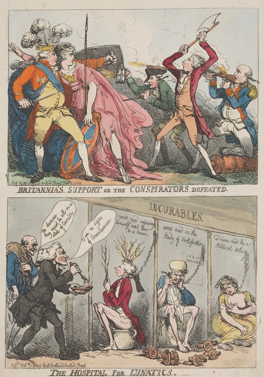 Britannia támogatása vagy az összeesküvők veresége – Az elmebetegek kórháza alkotó: Thomas Rowlandson