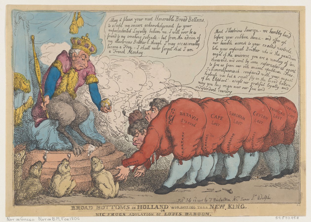 Broad Bottoms Hollandiában új királyukat imádva, 1806. július 23., 1806. július 23. alkotó: Thomas Rowlandson