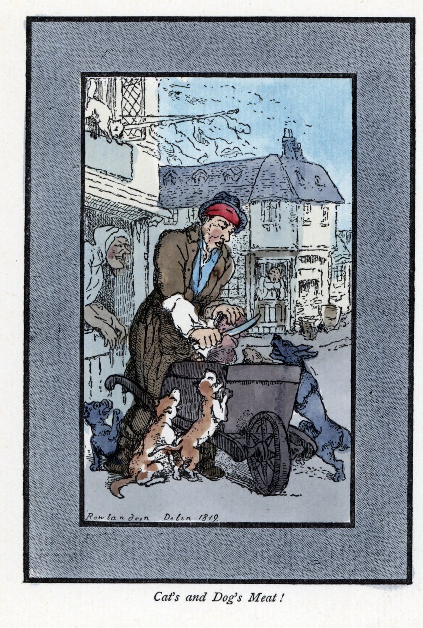 Egy darab húst vágó vándor hentes azt mondta, hogy kutyák és macskák támadják meg a talicskája kerekét. Thomas Rowlandson (1756-1827) festménye alapján készült fametszet, a londoni válságban megjelent: hat bájos gyerekkel és közel 40 illusztrációval alkotó: Thomas Rowlandson